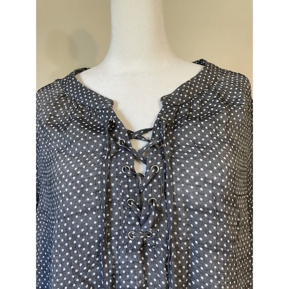 Womens Plus 2X Boho Career Casual Grey Polk Dot Bell Sleeve Lace Up Neck Blouse - Picture 4 of 13